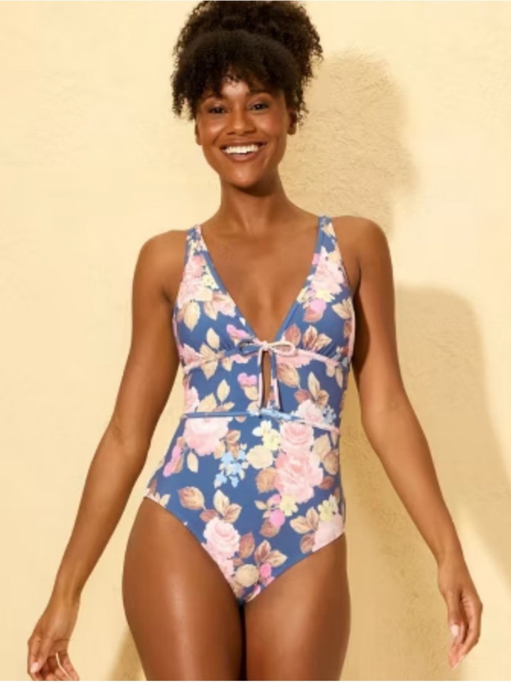 Women's Floral Print Plunge Tie Detail Cheeky Coverage One Piece Swimsuit